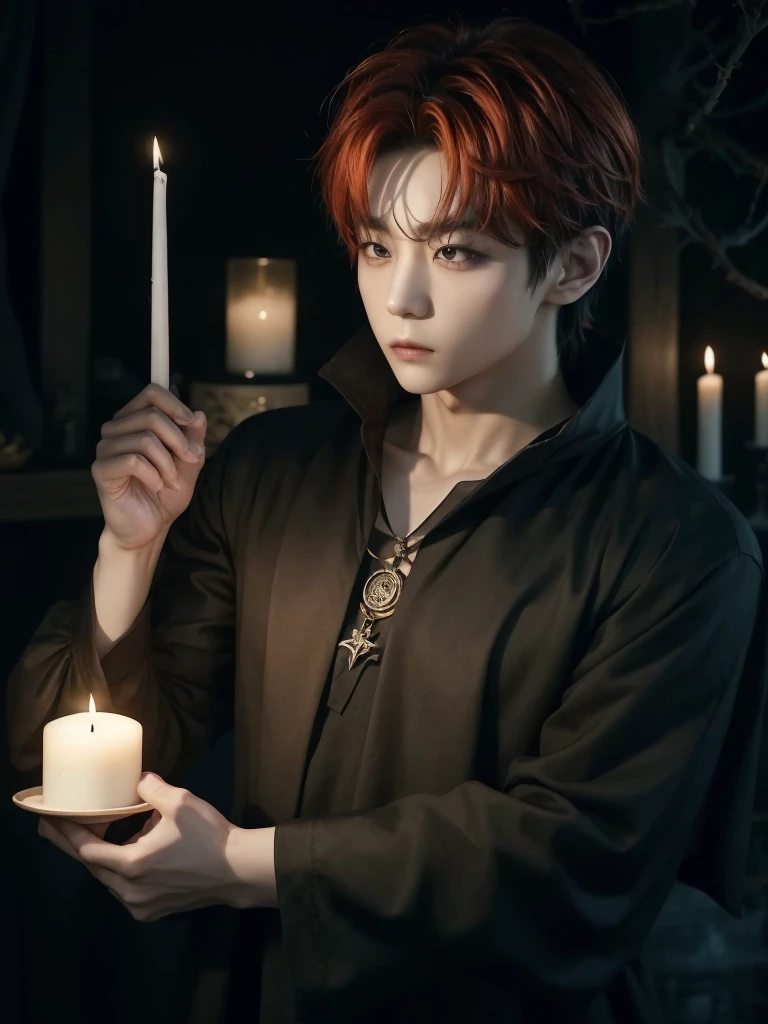 Jungkook bts actor and kpop idol more realism in hair and clothing hair orange, Generate an image of a Korean Kpop idol with bright orange hair, dressed in a black shirt and a tunic of the same color, surrounded by dark witches and warlocks in a coven. The background must be dark and gloomy, lleno de velas y witchcraft symbols.Create a visual representation of a Korean Kpop actor, with a spinal crown on his head, dressed in a black tunic and black shirt in a coven setting. Around it, dark witches casting curses, with a shadowy forest full of candles as a backdrop.Produces an image where a Korean Kpop idol, recognizable by his bright orange hair, is immersed in an environment of witchcraft and curse. He is dressed in a black tunic and a dark shirt, surrounded by wizards and witches in a dark forest full of magical symbols.Korean kpop idol actor who is dressed in a black shirt, black tunic, with a crown of thorns on his head, he is in a witches coven, all dark witches, curse and witchcraft, the background that is dark dark, a black background in a forest full of candles and spells, witchcraft symbols, bright orange hair amidst candles at a coven. homme coréen musclé maléfique manly muscle man, Young muscular evil Asian, 30 years old, manly, serious, serious face, rough features. Let your muscles be shown, half your body exposed with snake tattoos.asian with strong muscles showing, rough masculine face, masculine manly manly features. Australian Canadian with a rough muscular face who shows off his muscles Australian boy with neck tattoos