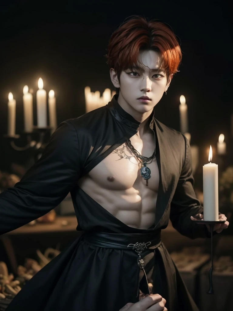 Jungkook bts actor and kpop idol more realism in hair and clothing hair orange, Generate an image of a Korean Kpop idol with bright orange hair, dressed in a black shirt and a tunic of the same color, surrounded by dark witches and warlocks in a coven. The background must be dark and gloomy, lleno de velas y witchcraft symbols.Create a visual representation of a Korean Kpop actor, with a spinal crown on his head, dressed in a black tunic and black shirt in a coven setting. Around it, dark witches casting curses, with a shadowy forest full of candles as a backdrop.Produces an image where a Korean Kpop idol, recognizable by his bright orange hair, is immersed in an environment of witchcraft and curse. He is dressed in a black tunic and a dark shirt, surrounded by wizards and witches in a dark forest full of magical symbols.Korean kpop idol actor who is dressed in a black shirt, black tunic, with a crown of thorns on his head, he is in a witches coven, all dark witches, curse and witchcraft, the background that is dark dark, a black background in a forest full of candles and spells, witchcraft symbols, bright orange hair amidst candles at a coven. homme coréen musclé maléfique manly muscle man, Young muscular evil Asian, 30 years old, manly, serious, serious face, rough features.  Let your muscles be shown, half your body exposed with snake tattoos.asian with strong muscles showing, rough masculine face, masculine manly manly features. Australian Canadian with a rough muscular face who shows off his muscles   Australian boy with neck tattoos  