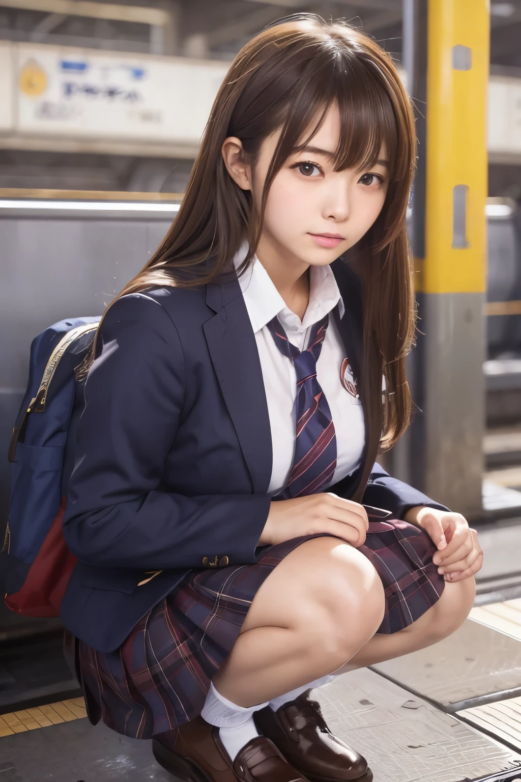 Masterpiece, school girl,Squatting in the train station,(Japanese idle:1.4), brown hair, Plump breast, Blushed face, From below, (school uniform)