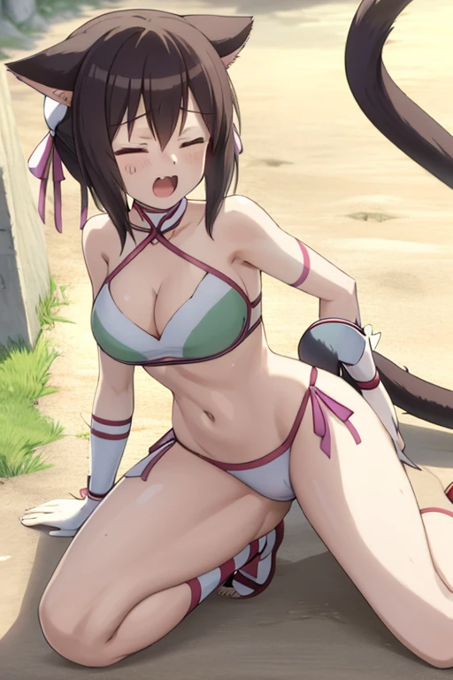 masterpiece, best quality, beautiful art, high resolution, well formed hands, body and fingers, 1 woman, solo, Lin Xiao Mei, cat ears and cat tail, grown up, adult, large and rounded breasted, cleavage, hair ornament, wearing a Tyris Flare outfit , white_bikini, full body, sexy and skimpy bikini, gorgeous hips, legs and thighs bouncing breasts,ryona , in peril, she is being beaten up by her opponent, she is knocked down and she is slapped in the face and being slammed against the floor, being humiliated by her opponent, receiving the impact of her opponent's attacks, closed eyes, screaming in pain and agony, ryona and perilous scene, bouncing breasts, weak and helpless, martial arts tournament on the beach