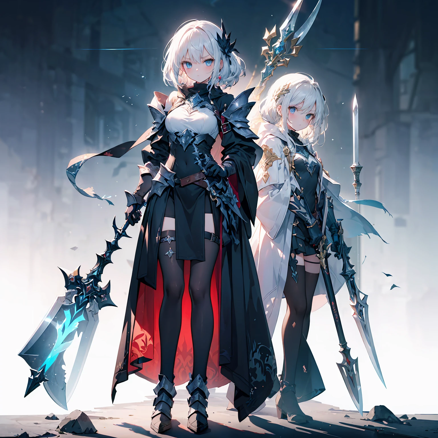 Design a layout showcase Gaming character, (1girl). Golden+Purle clothes, stylish and unique, ((showcase weapon:1.4)), magic staff, (masterpiece:1.2), (best quality), 4k, ultra-detailed, (Step by step design, layout art:1.5), (luminous lighting, atmospheric lighting), magican, ((glove full hands)), (((revealing clothes:1.3))), vambraces, armored legwear, (((full_body_shot:1.4)))