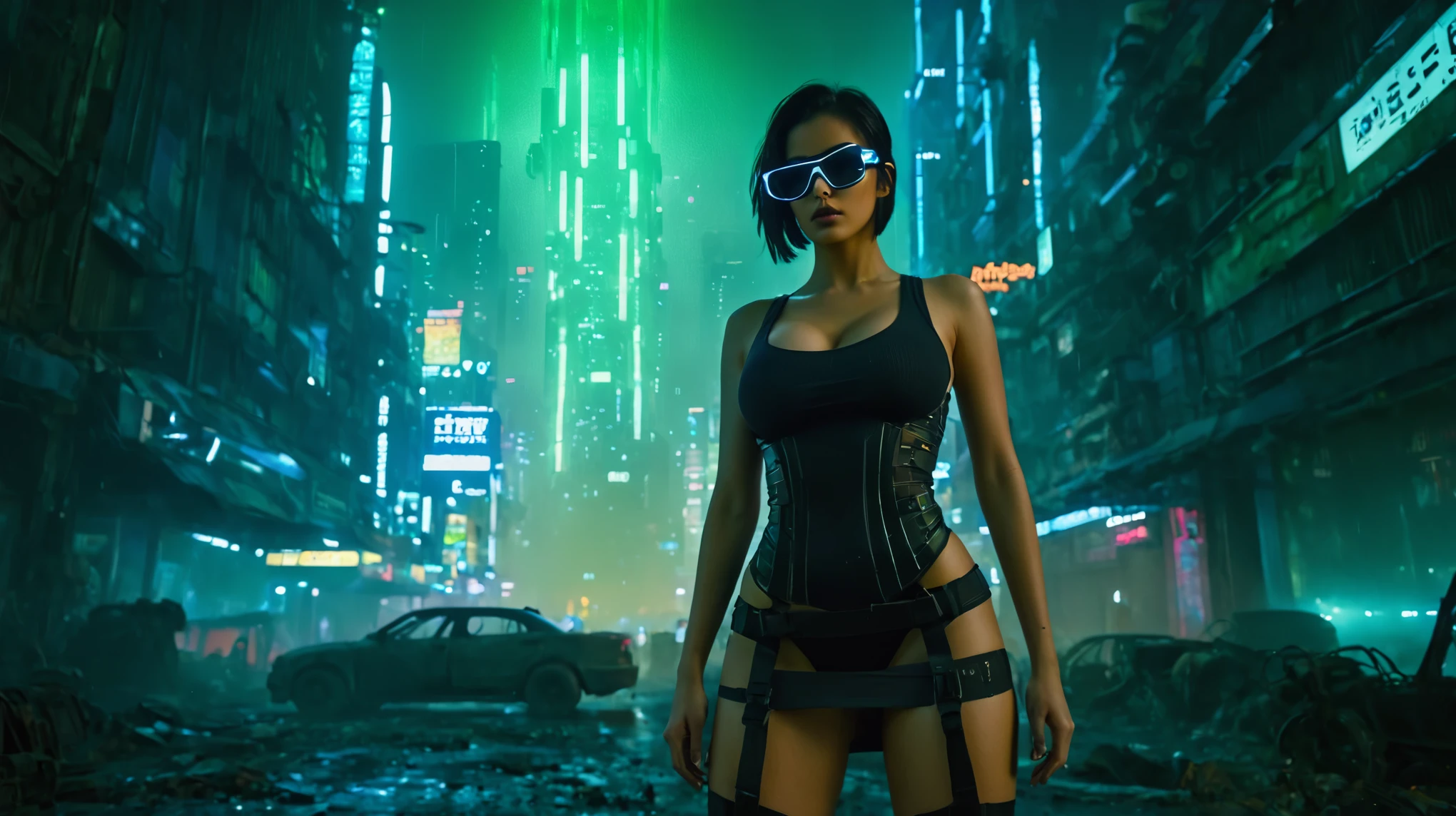 dark futuristic landscape, at night, neon lights, Atmospheric fog, large buildings in the background, futuristic city, busy streets with open shops, Ruined buildings, skyscraper (postapocalyptic city:1.3). Matrix style, at night, (1woman, solo, perfect body), photo realistic, (large-breast:1.1 slim body, cleavage), (((tank top, extreamly short pleated (((miniskirt))) exposing panty))), (((((((matrix style black sunglasses))))))), (((aiming at camera with a (short gun), looking at camera, running pose))), (((half-body (thigh level) medium shot))), cinematic lighting.