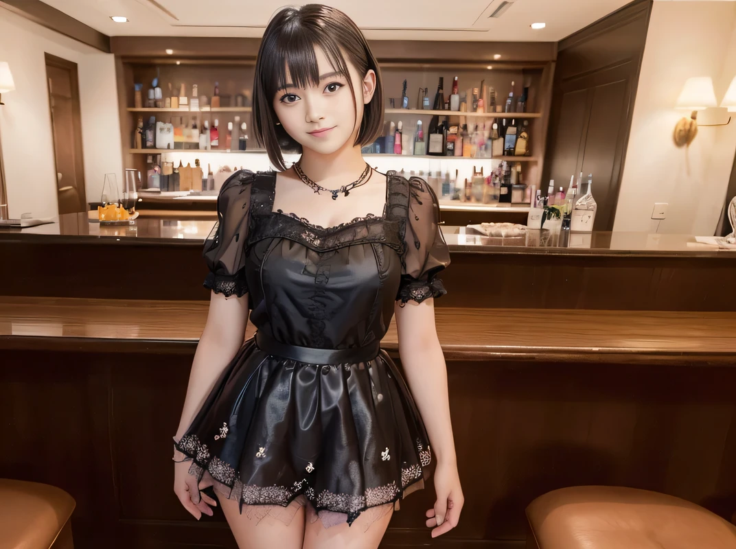 (Highest quality, masterpiece, Ultra-high resolution, 8K, RAW Photos, Realistic, Anatomically correct:1.5), 20-year-old girl:1.2, Embarrassing, avert your eyes, blush:1.0, View Viewer, ((Bar Lounge)) 、Large windows、Night view、 Light:1.2, Bokeh, Cinema Lighting:1.0, Depth of written boundary, sharp、 Cute face、Idol、Black short sleeve lace top、Black tulle skirt、Black clothing、”(dwarf)”、(Floral clothes)、(Full Body Shot)、Side angle、Cowboy Shot、 smile、(Ultra short hair)、(Short bob cut)、(Straight bangs)、((See-through clothing))、(( One Girl))、Large Breasts、look back、