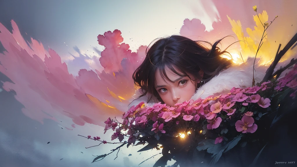 32k, Masterpiece, Highest quality, One girl, Brown Hair, Detailed eyes, flower,sweet pea, Pink and yellow style,A dreamy, romantic piece,Pale pink, Mysterious Leaves,A playful arrangement,Fantasy,High Contrast,Ink strokes,explosion,Exposure, Impression of pink and yellow tones,Abstract,((Watercolours by John Berkey and Jeremy Mann )) Brush strokes,Negative Space, Tyndall effect, White background