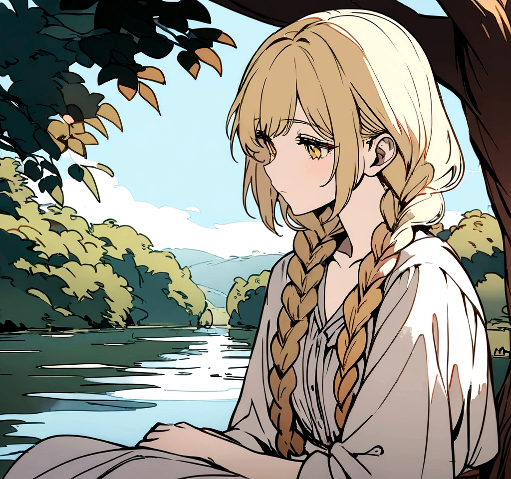 Masterpiece, High quality, High quality of art, anime lineart, Oil painting style, 1boy, Femboy, Light golden hair, braids, Yellow eyes, red eyeshadows, calm, half-asleep, near a large tree, feminine, in simple rustic clothes, Half-naked, morning, Pale, This boy is sitting under a tree near the river