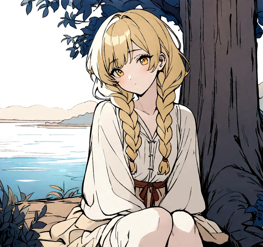 Masterpiece, High quality, High quality of art, anime lineart, Oil painting style, 1boy, Femboy, Light golden hair, braids, Yellow eyes, red eyeshadows, calm, half-asleep, near a large tree, feminine, in simple rustic clothes, Half-naked, morning, Pale, This boy is sitting under a tree near the river