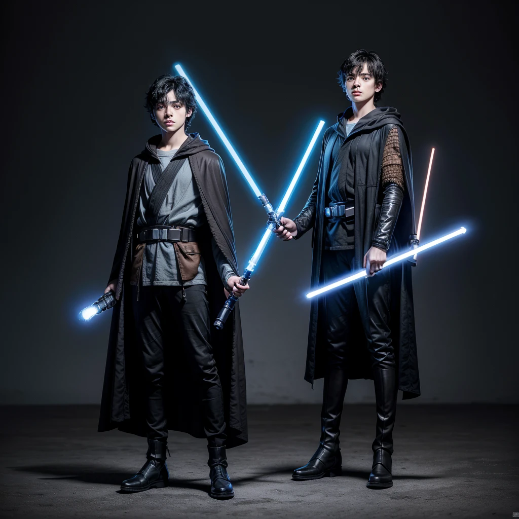 Star Wars style, A 15 year old boy, Bblack hair, brown cloak, blue lightsaber, full body up to feet