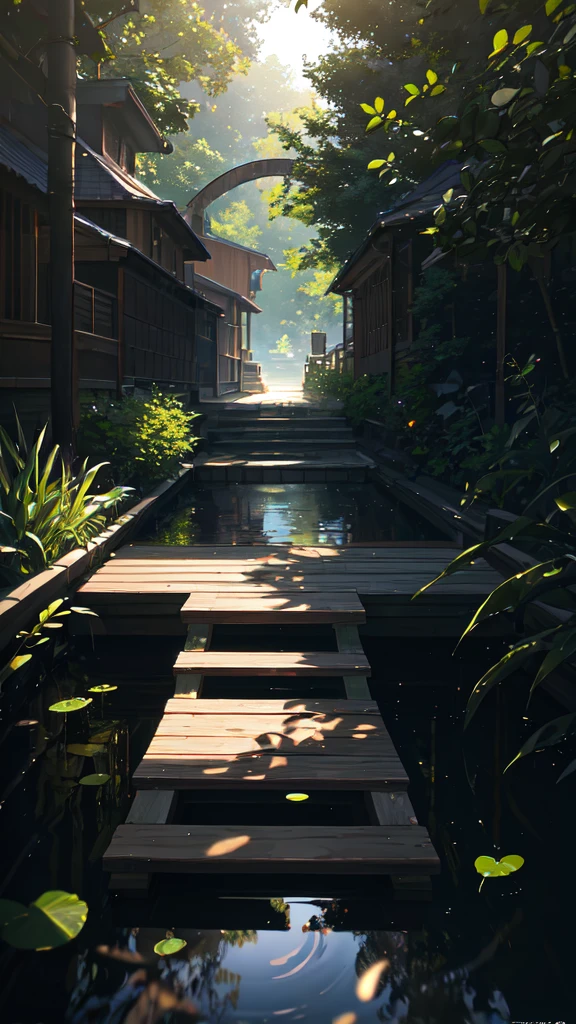 wallpaper, summer pond, pond, Wooden bridge, Afternoon Sunshine, pond background, Depth of Field, Hot weather, High-resolution details, Wet watermark, Ultra Detail, , Surrealism, Soft Light, Deep field focus bokeh, Ray Tracing, diffusion (Ultra-fine glass reflection) and Surrealism. --v6