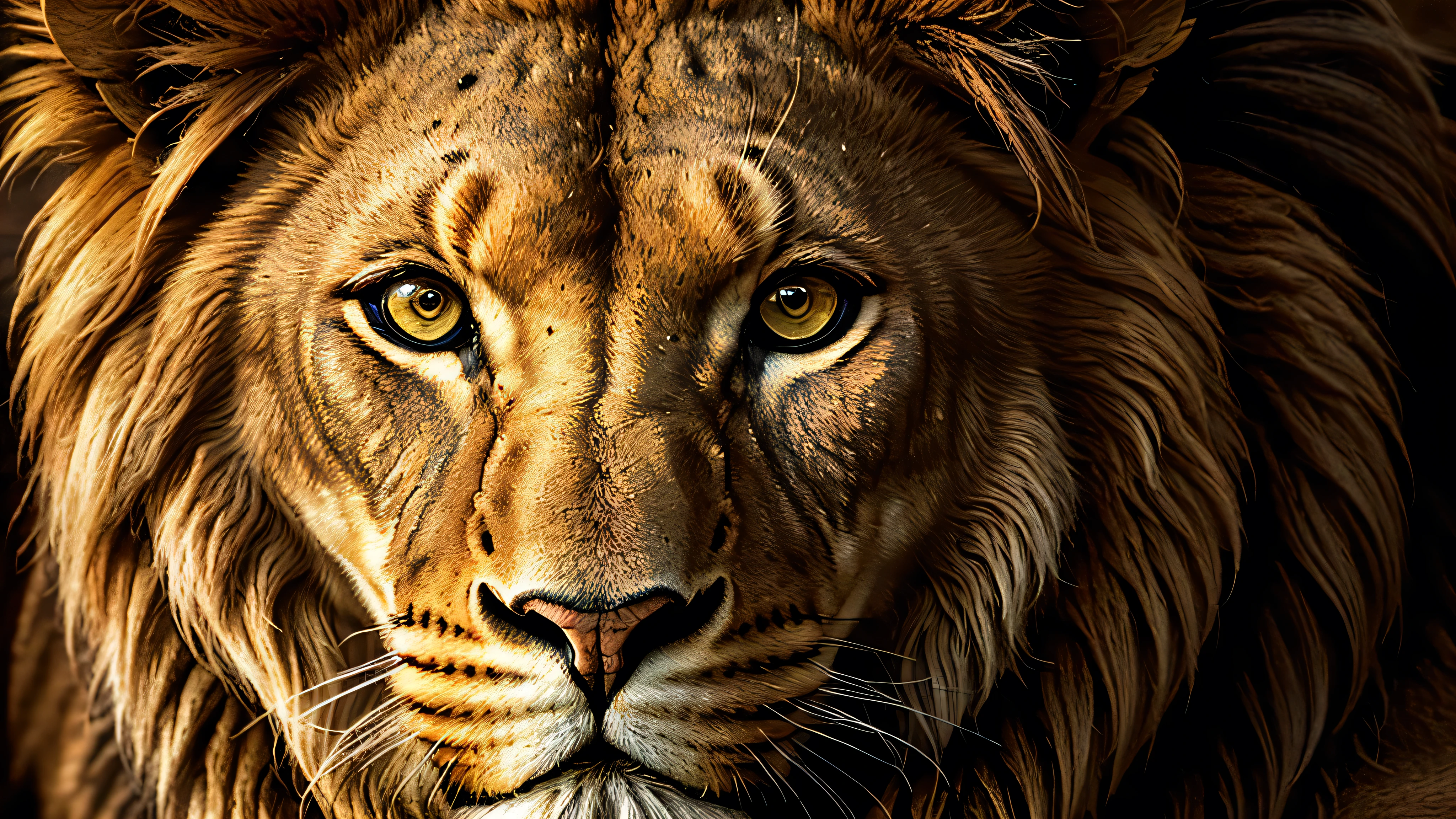close-up, cinematic, ultra-realistic, full HD, 4K image of a majestic lion, with a penetrating gaze, composition following the golden ratio, digital painting, with breathtaking details and HD resolution.