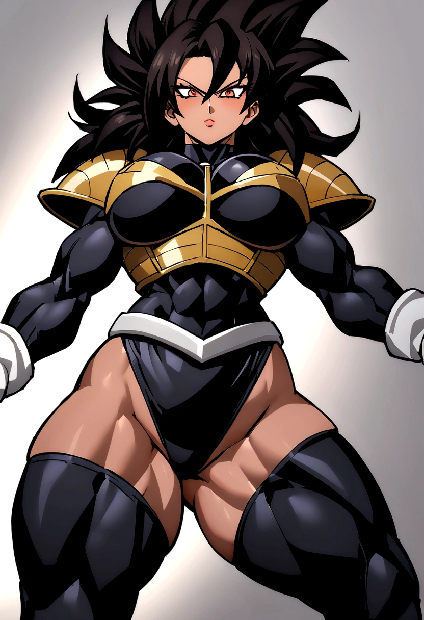 Make me a female Saiyan, long dark hair, Now make it using Vegeta's armor, larger, defined breasts and thighs, dark pants that cover his voluminous, muscular thighs, long dark hair