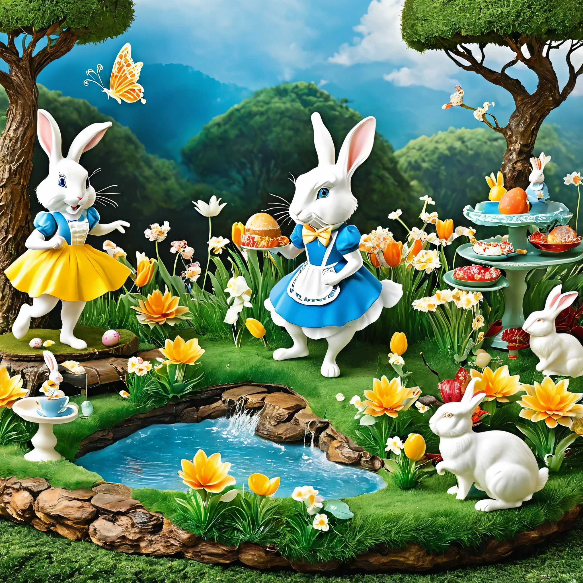 Create a whimsical Easter scene inspired by Alice in Wonderland, with characters like the White Rabbit and Mad Hatter celebrating the holiday.