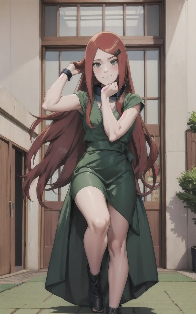 full body, uzumaki kushina, Kushina Uzumaki, masterpiece, high quality, UHD Quality, 4k Quality, perfect, perfection, perfect all,
long red hair, hair ornament, swept bangs, gray eyes, hairclip, perfect face, perfect body, perfect hair, expressive eyes, Soft smile, perfect waist, blushing, green dress, white tiny short sleeves, collar