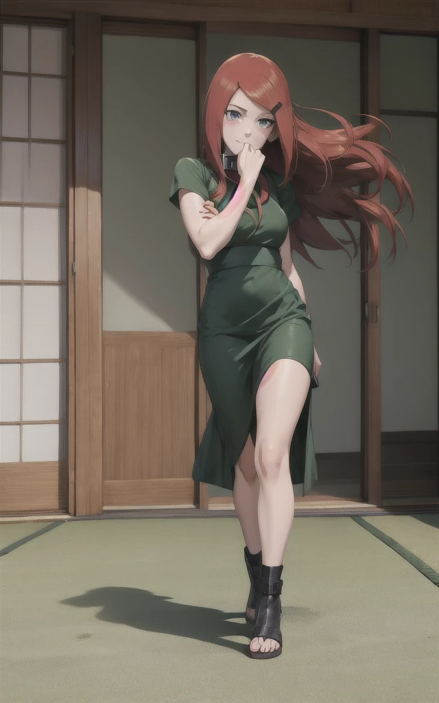 full body, uzumaki kushina, Kushina Uzumaki, masterpiece, high quality, UHD Quality, 4k Quality, perfect, perfection, perfect all,
long red hair, hair ornament, swept bangs, gray eyes, hairclip, perfect face, perfect body, perfect hair, expressive eyes, Soft smile, perfect waist, blushing, green dress, white tiny short sleeves, collar