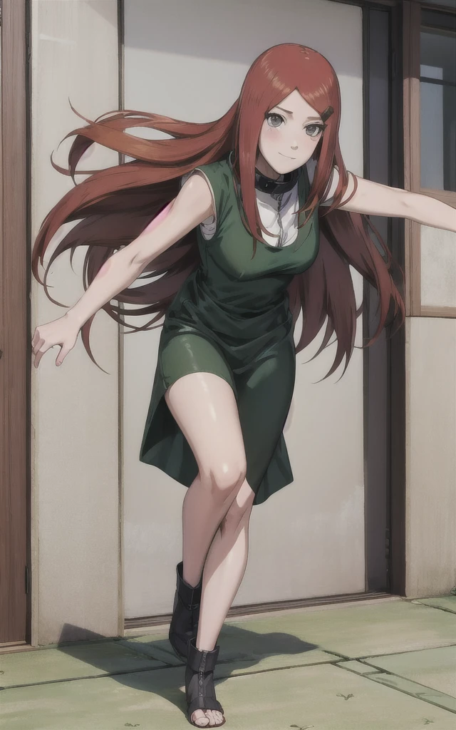 full body, uzumaki kushina, Kushina Uzumaki, masterpiece, high quality, UHD Quality, 4k Quality, perfect, perfection, perfect all,
long red hair, hair ornament, swept bangs, gray eyes, hairclip, perfect face, perfect body, perfect hair, expressive eyes, Soft smile, perfect waist, blushing, green dress, white tiny short sleeves, collar