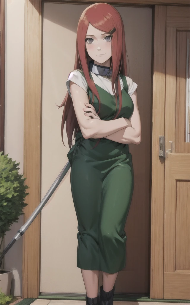 full body, uzumaki kushina, Kushina Uzumaki, masterpiece, high quality, UHD Quality, 4k Quality, perfect, perfection, perfect all,
long red hair, hair ornament, swept bangs, gray eyes, hairclip, perfect face, perfect body, perfect hair, expressive eyes, Soft smile, perfect waist, blushing, green dress, white tiny short sleeves, collar