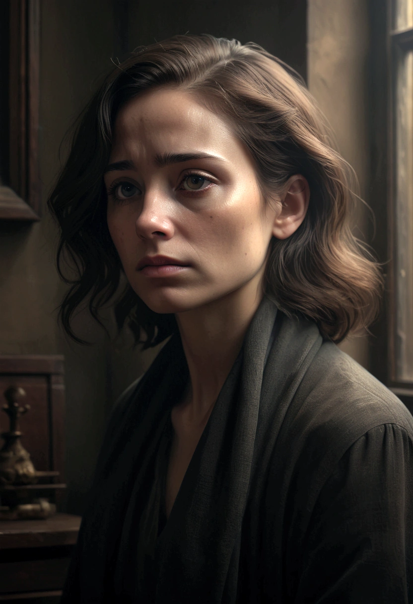 A melancholic portrait of a person, introspective expression, oil painting, cinematic lighting, dramatic chiaroscuro, moody color palette, muted tones, somber mood, existential contemplation, human mortality, (best quality,8k,masterpiece:1.2),photorealistic,cinematic,dramatic lighting,moody,somber,introspective,pensive expression,chiaroscuro,muted color palette