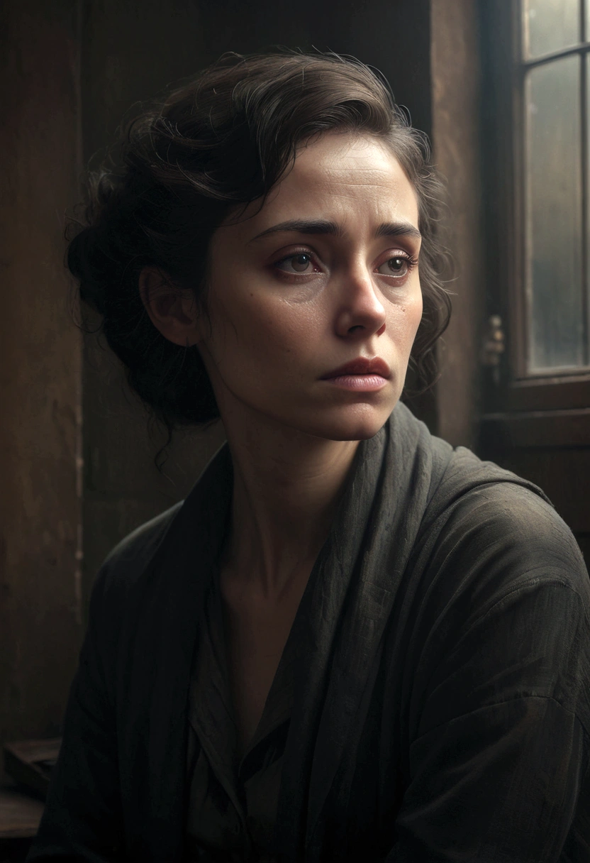 A melancholic portrait of a person, introspective expression, oil painting, cinematic lighting, dramatic chiaroscuro, moody color palette, muted tones, somber mood, existential contemplation, human mortality, (best quality,8k,masterpiece:1.2),photorealistic,cinematic,dramatic lighting,moody,somber,introspective,pensive expression,chiaroscuro,muted color palette