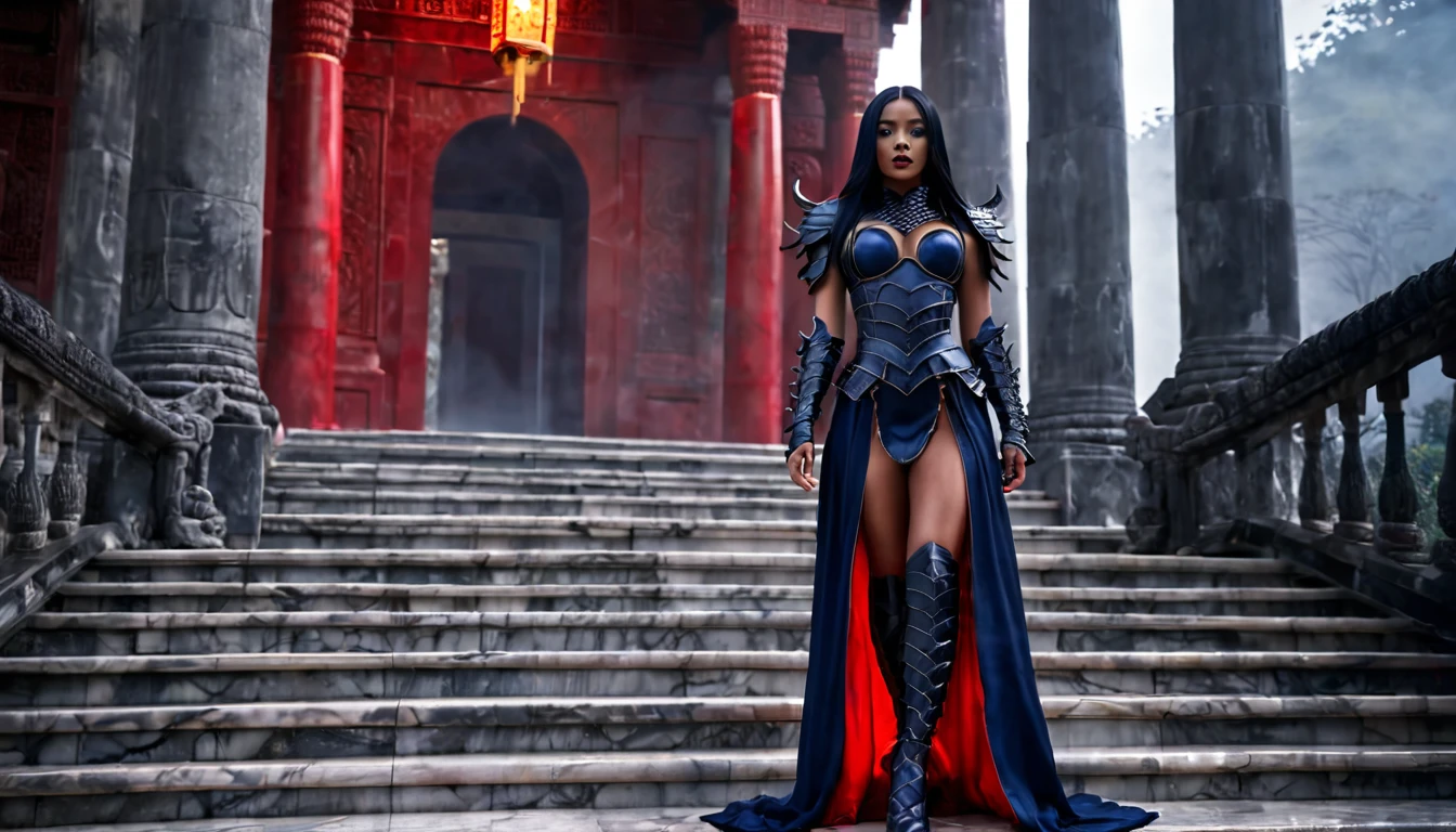 beautiful woman with dark blue skin, long black hair, dressed in black dragon armor, walking down some marble stairs of an ancient temple, in the background there is a throne, columns, red fog, dark fantasy image, ethereal, atmosphere, cinematic lighting, photorealistic, (best quality,8k,highres,masterpiece:1.2), ultra-detailed,realistic,photo-realistic:1.37,dramatic lighting,moody,fantasy,concept art