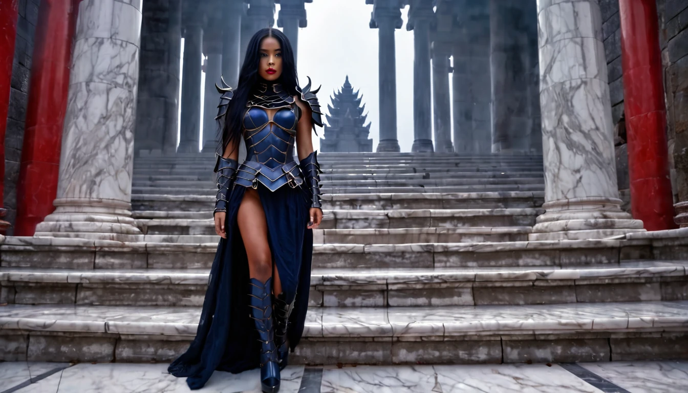 beautiful woman with dark blue skin, long black hair, dressed in black dragon armor, walking down some marble stairs of an ancient temple, in the background there is a throne, columns, red fog, dark fantasy image, ethereal, atmosphere, cinematic lighting, photorealistic, (best quality,8k,highres,masterpiece:1.2), ultra-detailed,realistic,photo-realistic:1.37,dramatic lighting,moody,fantasy,concept art