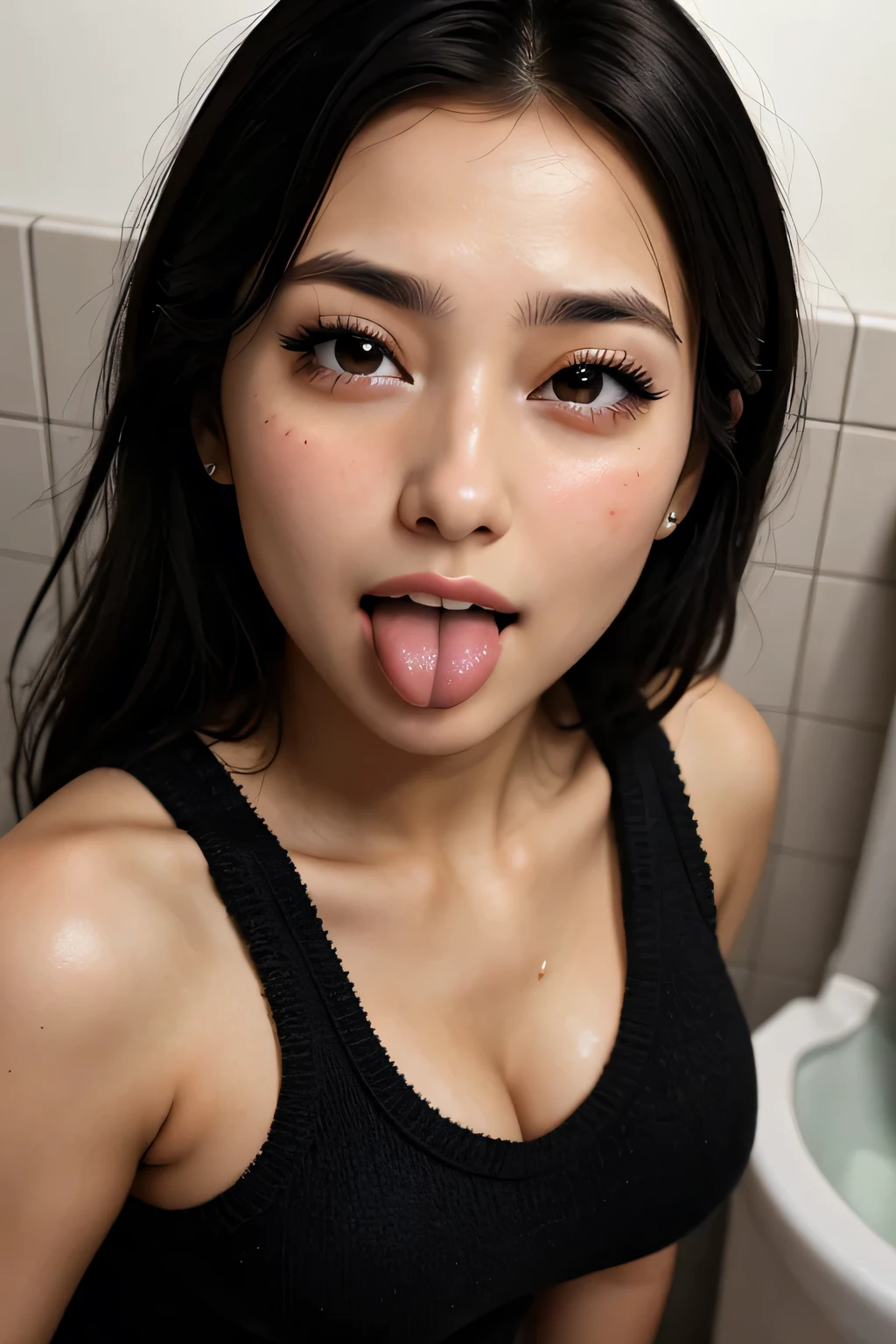 Ruri Miura,Beautiful Japanese actresses、1 Girl,(masterpiece:1.2, Highest quality), (Realistic, photoRealistic:1.4),,Face Focus, Big double eyes(Woman with open mouth and closed eyes ), 21 years old、Black Hair、Shiny skin、(((Face close-up)))、Realistic nostrils、Long and narrow nasal cavity,,,、In the toilet、(On the floor of a public toilet)、squat、((Knitted dress))、Big Breasts、(Sharp Nose)grimacing performance:1.4,,expression,Grimacing,please raise your head、Skin shiny with sweat,Oily facial skin,Biting your lip,Tied Hair,Wearing a tank top,Please put your nose closer to the camera,Bright lighting from the ceiling,Put your hands behind your back,