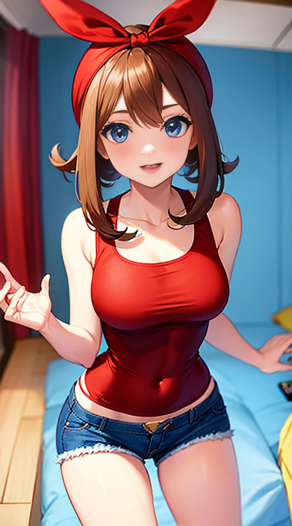 brown hair，blue eyes，short hair，Double tail，red headscarf，Red race swimsuit，Xiaoyao【Pokémon】blush，Smile，big breasts，Denim shorts，bedroom background, standing, idle