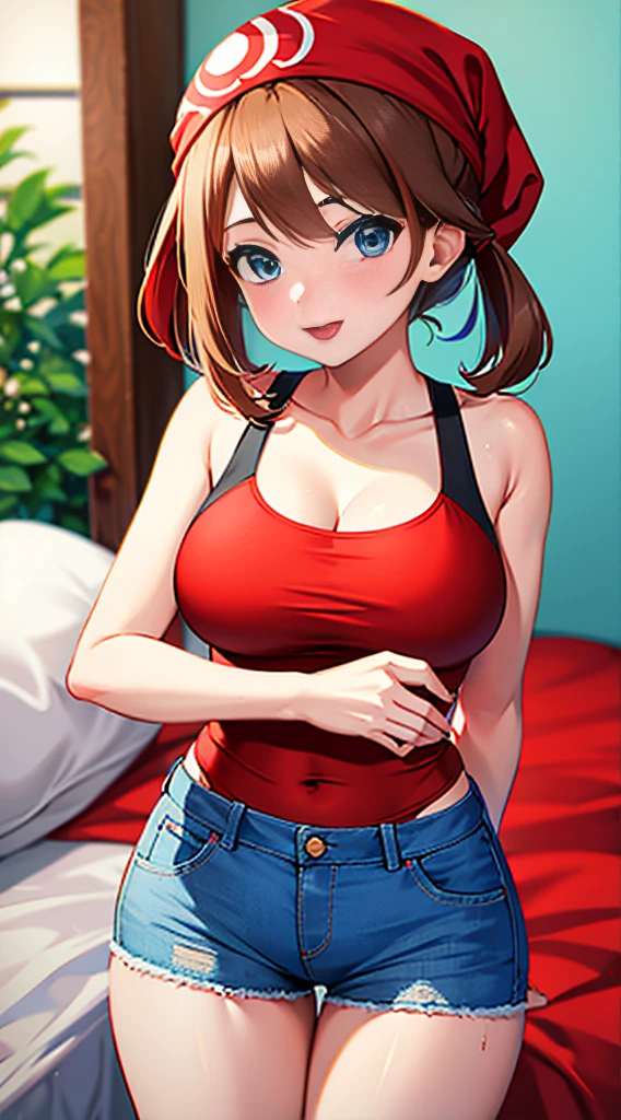 brown hair，blue eyes，short hair，Double tail，red headscarf，Red race swimsuit，Xiaoyao【Pokémon】blush，Smile，big breasts，Denim shorts，bedroom background, standing, idle