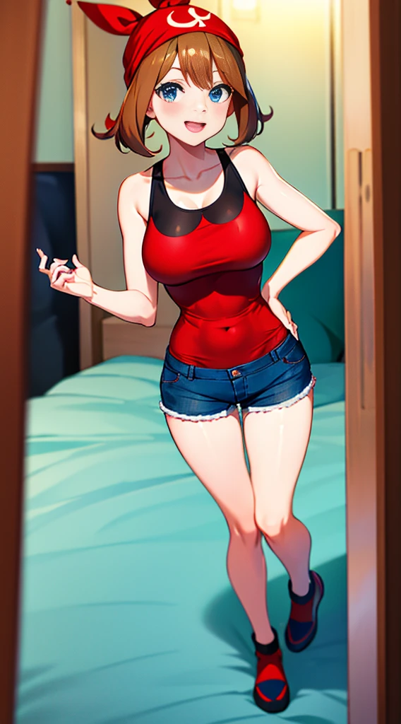 brown hair，blue eyes，short hair，Double tail，red headscarf，Red race swimsuit，Xiaoyao【Pokémon】blush，Smile，big breasts，Denim shorts，bedroom background, standing, idle