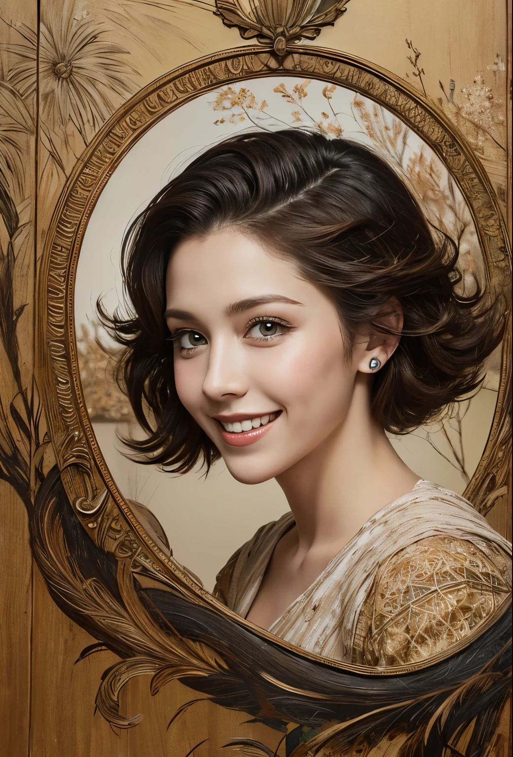 Black and brown painting of a woman playing outdoors,A refreshing smile from under the forehead, Kraft paper, Carl Kopinski, Fantasy, Very detailed, Vropp and Krentz-Kschaert, Brilliant decoration, Jean=Sebastian Rosbach, James Jean,Evez