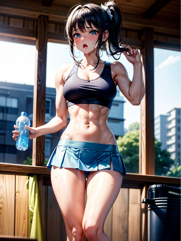 Highest Resolution,Highest quality,Beautiful girl in a tank top drinking water from a plastic bottle,mini skirt,Knee-high stockings,Abdominal muscles,Belly button,Standing posture,Tears,Open your mouth and drool,whole body,front,Sweat profusely,Very beautiful eyes,Lots of saliva,Black hair ponytail,sunny,Town,