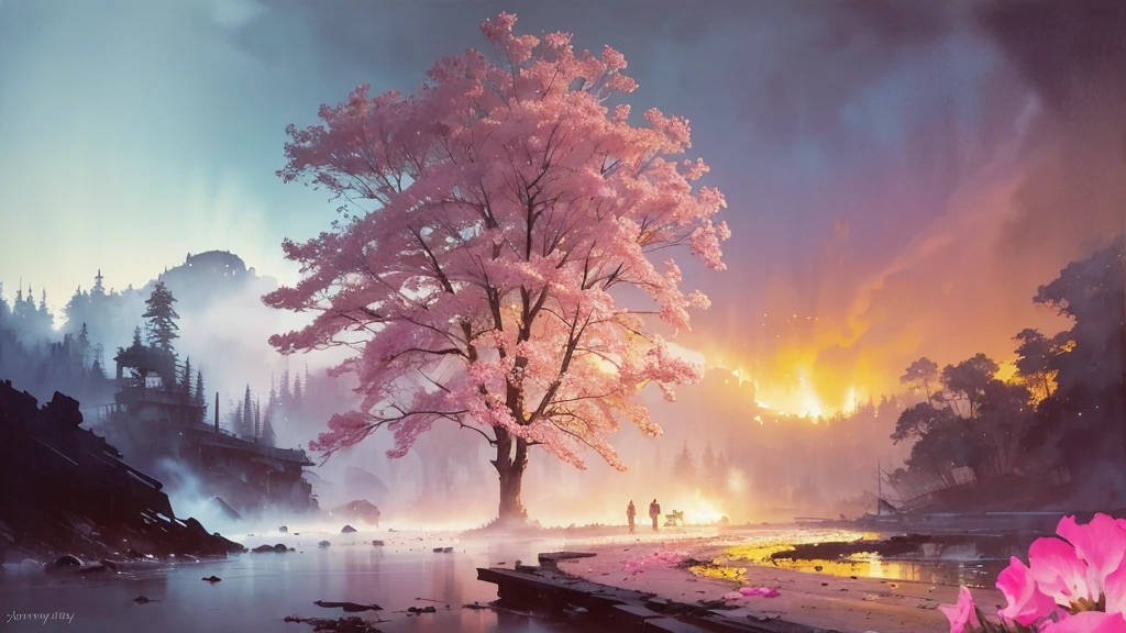 32k, Masterpiece, Highest quality, One girl, Brown Hair, Detailed eyes, flower,sweet pea, Pink and yellow style,A dreamy, romantic piece,Pale pink, Mysterious Leaves,A playful arrangement,Fantasy,High Contrast,Ink strokes,explosion,Exposure, Impression of pink and yellow tones,Abstract,((Watercolours by John Berkey and Jeremy Mann )) Brush strokes,Negative Space, Tyndall effect, White background