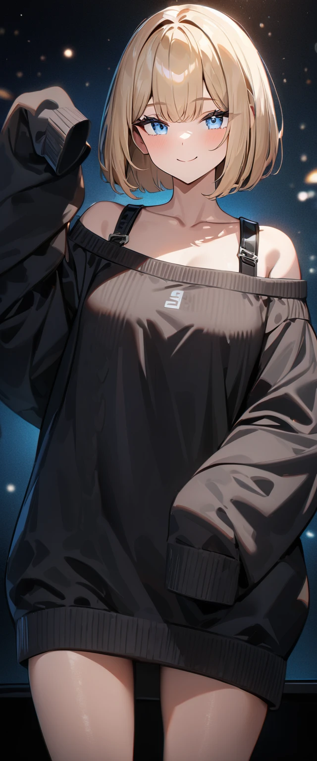 (((One girl))), blond hair, (sunglasses), hand to sunglasses, ((bob cut:1.3)), breasts, (cowboy shot), standard body, (looking at viewer), oversized clothes, puffy long sleeves, collarbone, ((off-shoulder knit sweater dress:1.3, Quite thick shoulder straps)), (((sleeves past wrists:1.3))), ((black sweater)), teenager, head tilt:1.3, (((blue eye))), ((happy smile)), (((anime style))), (best quality, 4k, 8k, highres, masterpiece:1.2, ultra-detailed, ultra-detailed eyes, HDR, UHD, studio lighting, ultra-fine painting, sharp focus, physically-based rendering, extreme detail description, professional, vivid colors, bokeh), ((Highest quality, Best image quality, Ultra-high resolution, Ultra-high resolution, solo, Strong eye highlights)), Depth of written boundary, Natural soft light, attractive, Beautiful Face, Cleanliness, Pure Face, nedium chest, Beautiful Face, Perfect Fingers, Perfect hands, Perfect body, Perfect Face, Shine a light into your eyes, Perfect Anatomy