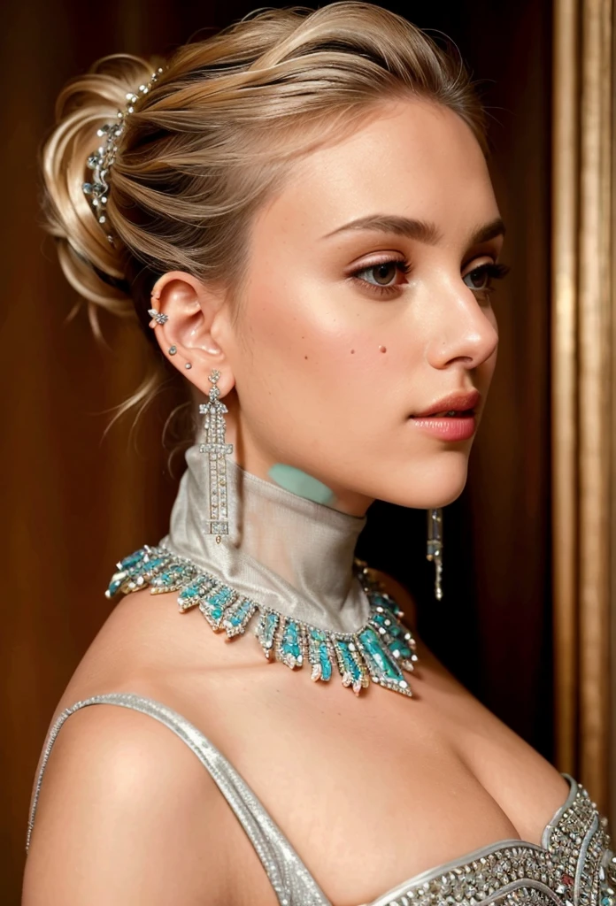 (masterpiece, best quality), intricate details, realistic, photorealistic, a close up of a woman wearing earrings, inspired by, draped in crystals, silver color, long earrings,huge earrings, platinum jewellery, earring, flawless structure, silver earring, 