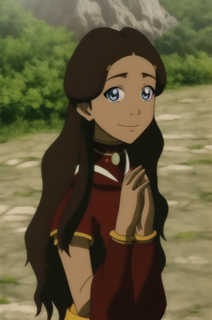 katara, catoon_style, 1girl, solo, long_hair, looking_at_viewer, smile, blue_eyes, brown_hair, black_hair, bare_shoulders, closed_mouth, upper_body, choker, day, nature, dark_skin, collar, dark-skinned_female, parody, own_hands_together, armband, close-up, armlet, style_parody, own_hands_clasped, official_style, anime_coloring