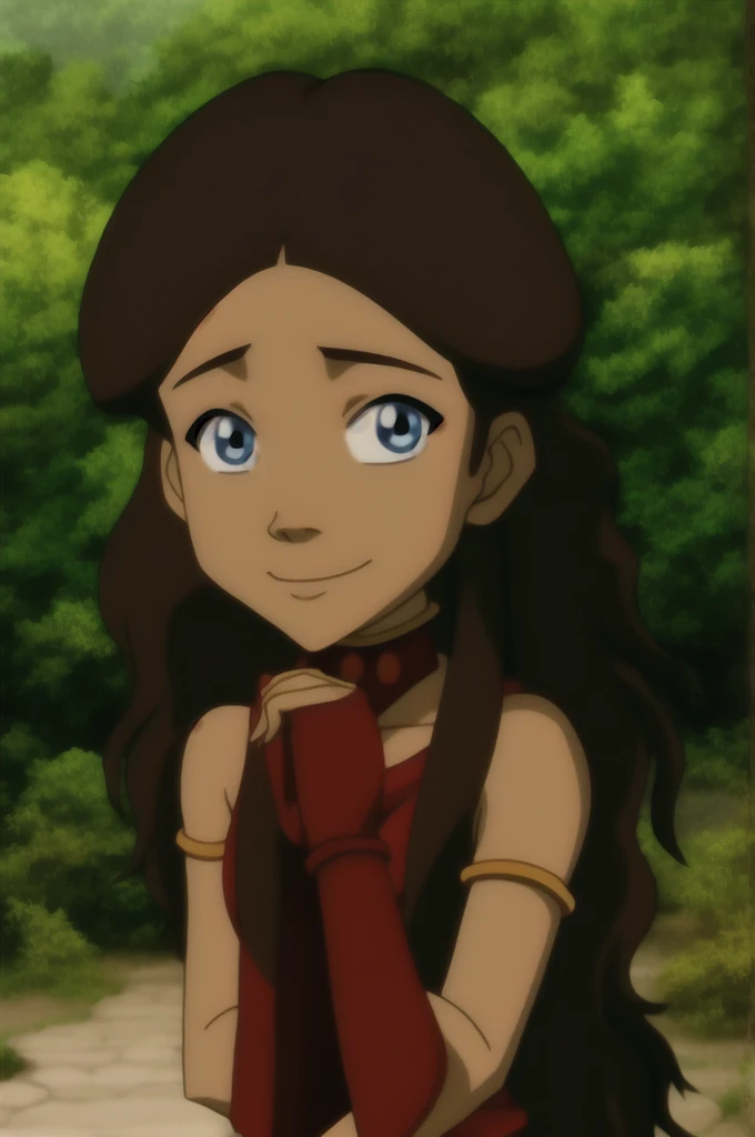 katara, catoon_style, 1girl, solo, long_hair, looking_at_viewer, smile, blue_eyes, brown_hair, black_hair, bare_shoulders, closed_mouth, upper_body, choker, day, nature, dark_skin, collar, dark-skinned_female, parody, own_hands_together, armband, close-up, armlet, style_parody, own_hands_clasped, official_style, anime_coloring