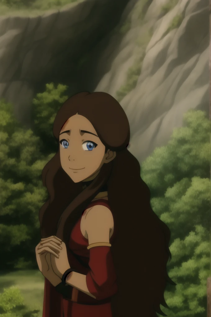 katara, catoon_style, 1girl, solo, long_hair, looking_at_viewer, smile, blue_eyes, brown_hair, black_hair, bare_shoulders, closed_mouth, upper_body, choker, day, nature, dark_skin, collar, dark-skinned_female, parody, own_hands_together, armband, close-up, armlet, style_parody, own_hands_clasped, official_style, anime_coloring