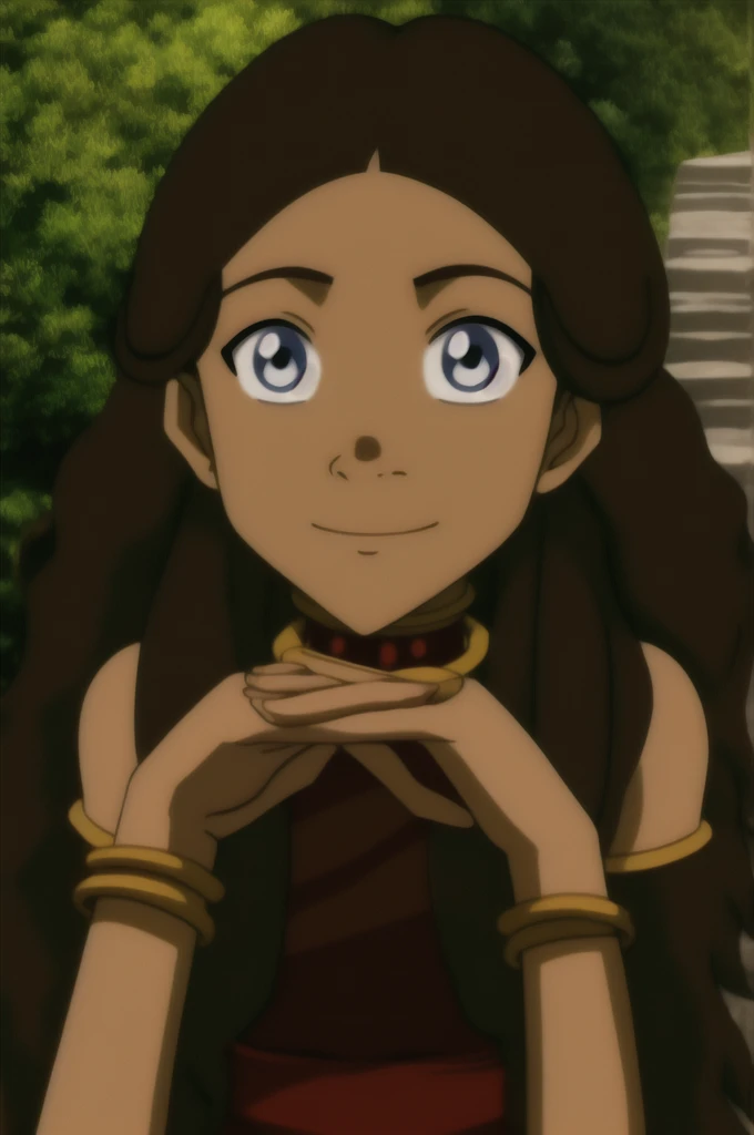 katara, catoon_style, 1girl, solo, long_hair, looking_at_viewer, smile, blue_eyes, brown_hair, black_hair, bare_shoulders, closed_mouth, upper_body, choker, day, nature, dark_skin, collar, dark-skinned_female, parody, own_hands_together, armband, close-up, armlet, style_parody, own_hands_clasped, official_style, anime_coloring