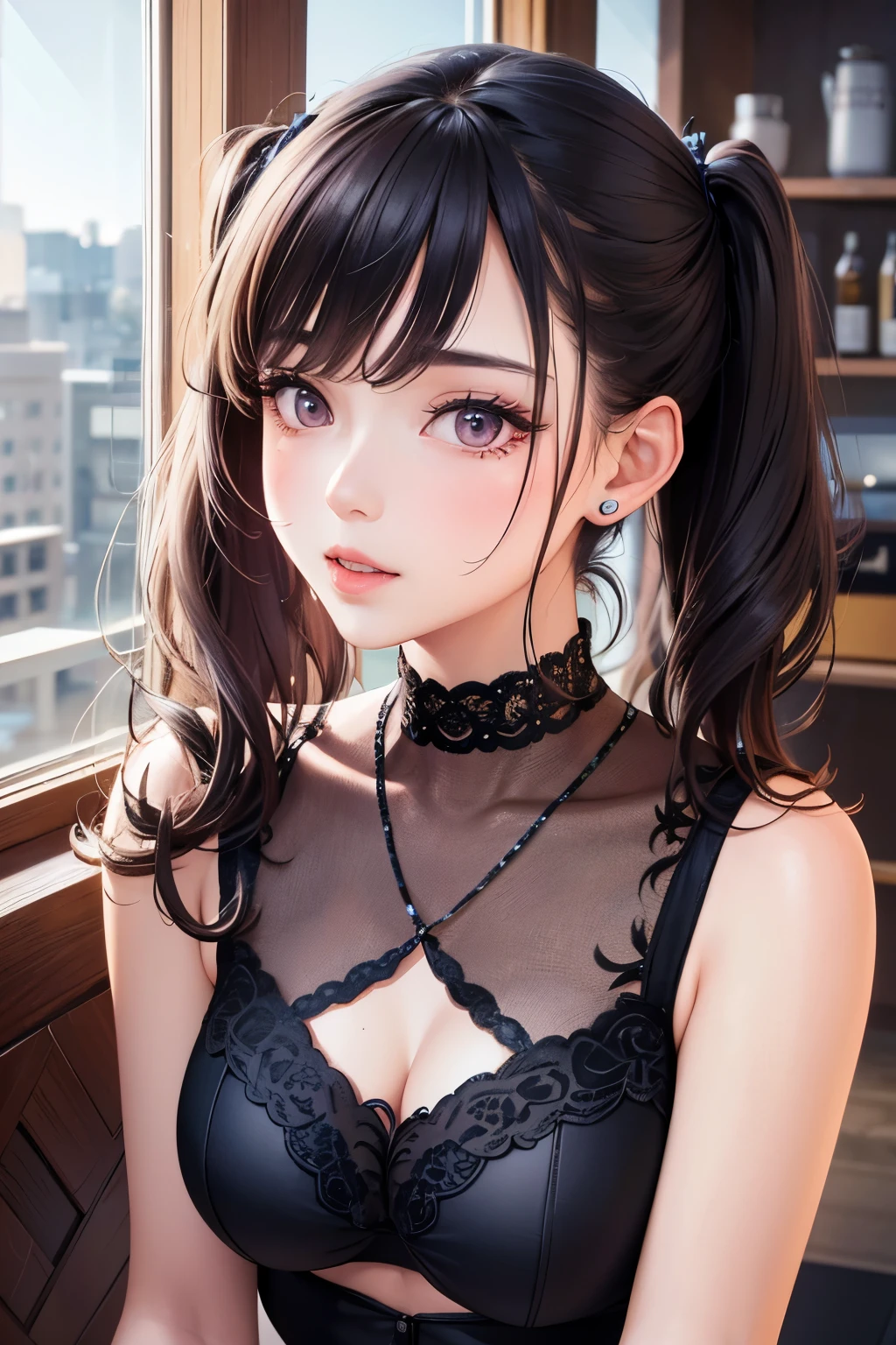 masterpiece, best quality, highly detailed, high resolution, expensive resolution, high resolution, 4K, 8k, Unity 8k wallpaper, highly detailed CG, masterpiece, 2D, 3D, beautiful details, depth, fine texture, best quality: 1.3, perfect focus, crispy skin, him, very cute, one 20-something girl, before a date with him, enjoying fashion, short twin tails, mole under eye, looking at the viewer, expensive, blush, mole, parted lips, heart, pink eyes, choker