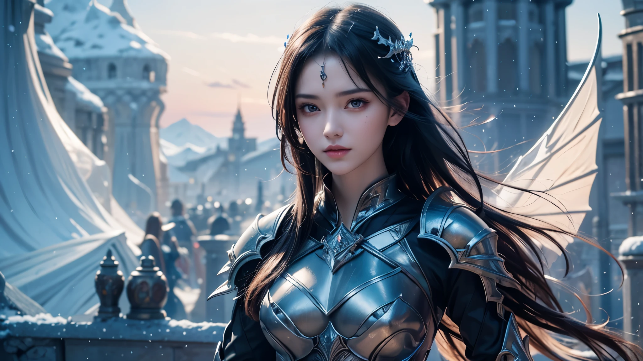 Close-up of woman holding sword and armor, Armor Girl, 2. 5D CGI anime fantasy artwork, Large Breasts,Epic fantasy digital art style, detailed Digital 2D fantasy art, Digital 2D fantasy art, original photo, (best quality:1.3), high resolution, (masterpiece), (lifelike:1.4), Professional photography, Clear focus, High Dynamic Range, 8k resolution, Intricate details, Fine details, Depth of Field, Extremely detailed CG unified 8k wallpaper, masterpiece,poster,best quality,Official Art,(Beauty and aesthetics:1.2),(masterpiece:1.3),Miss,personal,Light Leather Armor,complex pattern,winter,Snow Mountain,Medium distance photography,(midnight),dramatic,Giant bat wings,