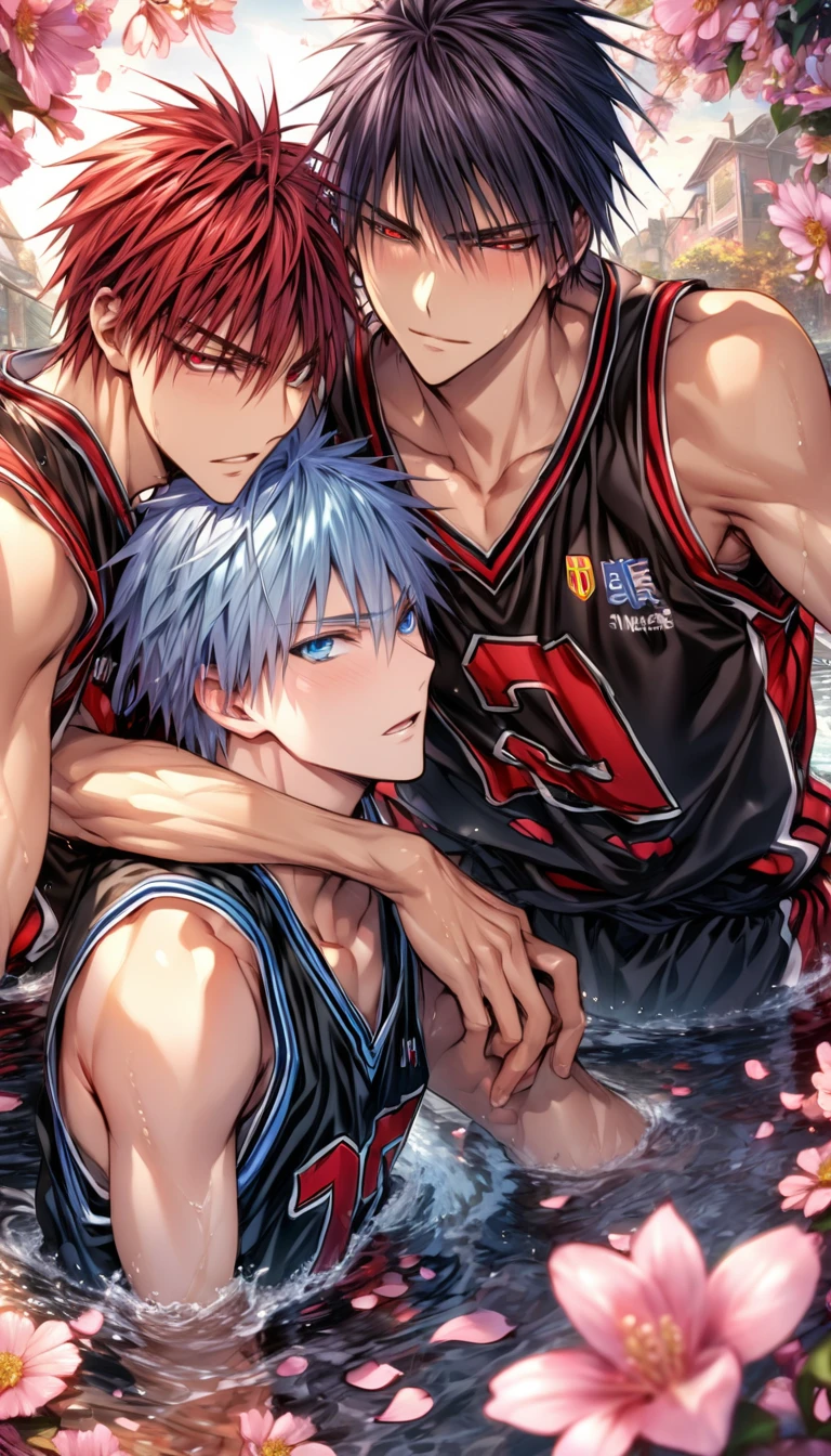 absurdres, highres, ultra detailed, HDR, masterpiece, extremely detailed face and eyes, Kagami Taiga, red short hair, expressive red eyes, Kuroko No Basket, Kuroko Tetsuya, light-blue hair, expressive blue eyes, two sexy men together, gay couple, yaoi, handsome, basketball uniform, fantasy, magical, pink flowers, water, pink petals