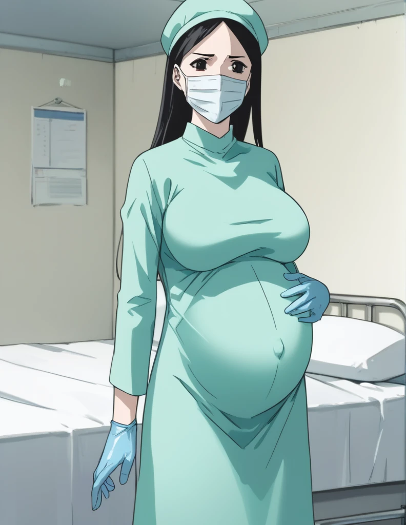 score_9,  score_8_up, score_7_up, source_anime, kasuganoray, pale skin, long hair, shy eyes, highest quality, masterpiece, big breasts, surgical mask, surgical cap, long sleeve maternity dress, seamless, 
1 girl, pregnant, solo, rubber gloves, frown,  standing, in one hospital, hospital bed, 