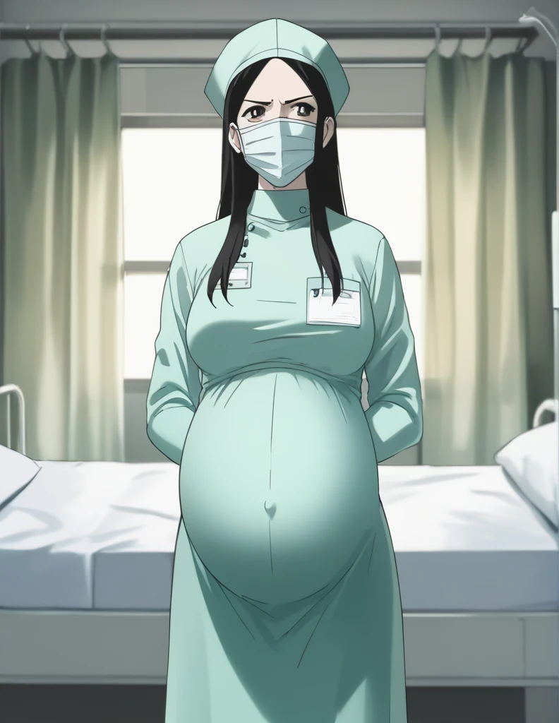 score_9, score_8_up, score_7_up, source_anime, kasuganoray, pale skin, long hair, shy eyes, highest quality, masterpiece, , surgical mask, surgical cap, long sleeve maternity dress, seamless,
1 girl, pregnant, solo, rubber gloves, frown, standing, in one hospital, hospital bed,