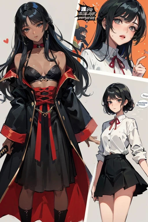 ((Best Quality)), ((Masterpiece)), (detailed), (anime), (Cartoon), (comic), woman with long black hair, black skin, Holding a katana, pirate accessories, gloomy appearance, medieval courtesan dress, tanned skin, loose white shirt, black open skirt