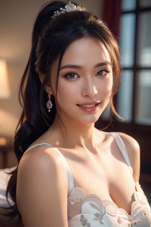 a gorgeous busty woman, ponytail, royal bride, queen, beautiful detailed smile, beautiful detailed teeth, POV, lover, cinematic dramatic lighting, (best quality,4k,8k,highres,masterpiece:1.2),ultra-detailed,(realistic,photorealistic,photo-realistic:1.37),HDR,UHD,studio lighting,ultra-fine painting,sharp focus,physically-based rendering,extreme detail description,professional,vivid colors,bokeh,portrait,photorealistic,cinematic