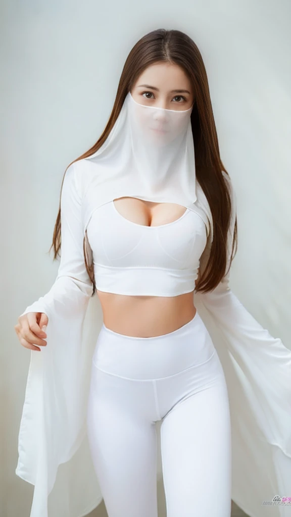 (lifelike, high - resolution:1.3),full body , 1 girl with a perfect body, Super fine face and eyes,slong hair, midriff of white colors:1.2, white shiny leggings,face veil, big boob,Expose cleavage, ninja pose.