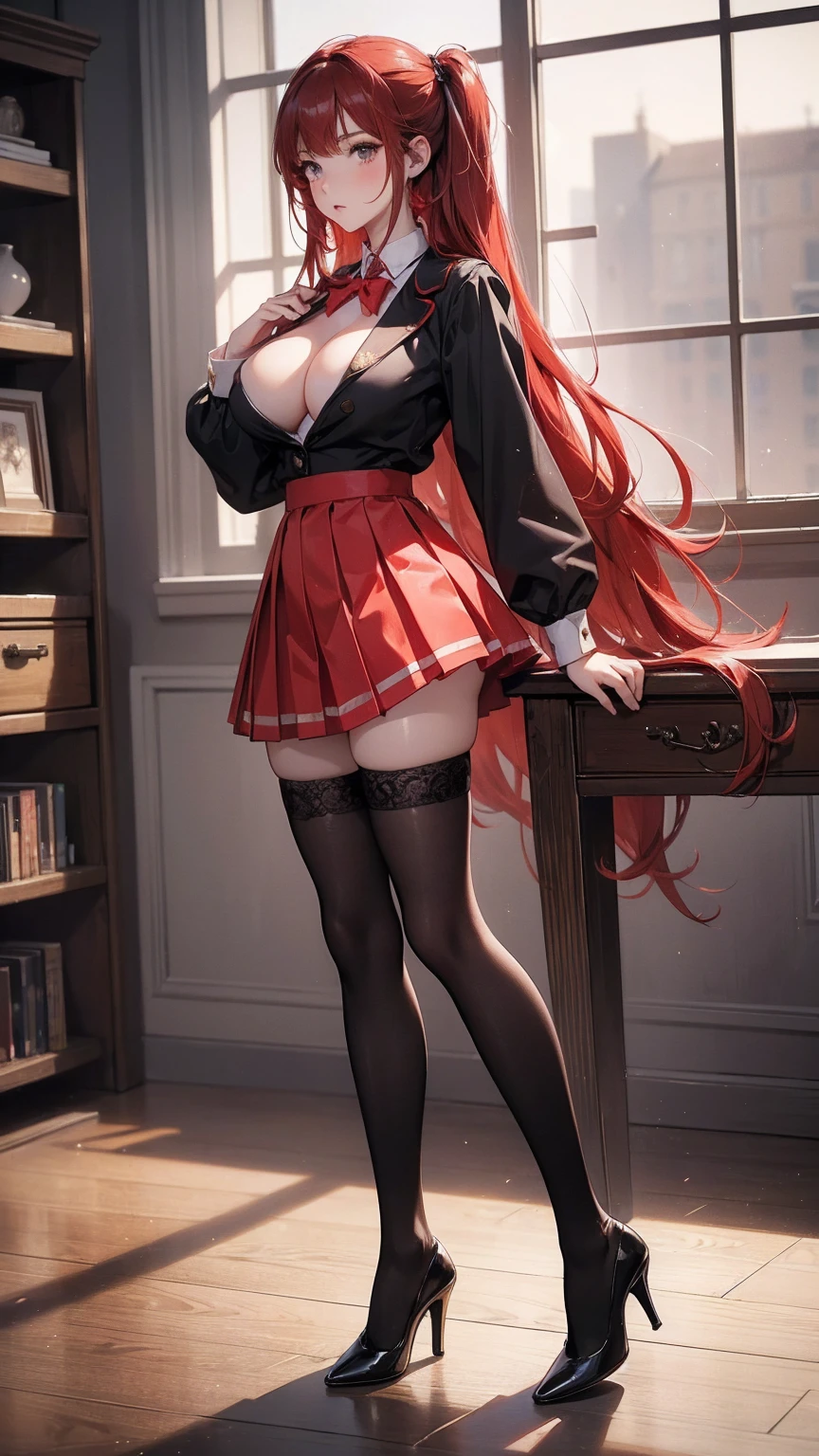 (masterpiece, top quality, best quality, official art, beautiful and aesthetic:1.0), (8k, best quality, masterpiece:1.2), very long hair,(full body:1.3), (large breasts:1.4), very long hair, high heels, black thighhighs, micro skirt, red hair, tall girl, school girl uniform ,
