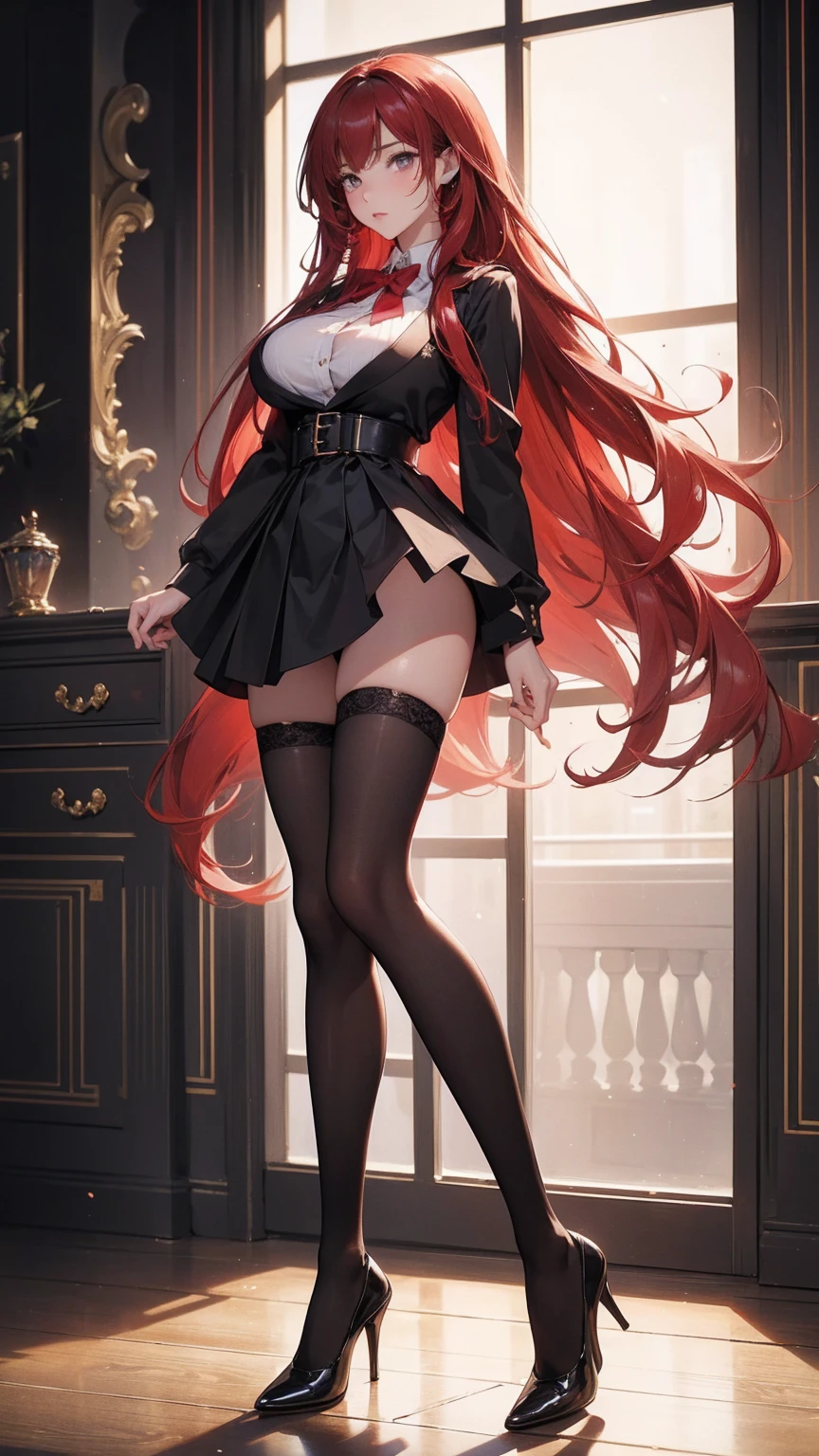 (masterpiece, top quality, best quality, official art, beautiful and aesthetic:1.0), (8k, best quality, masterpiece:1.2), very long hair,(full body:1.3), (large breasts:1.4), very long hair, high heels, black thighhighs, micro skirt, red hair, tall girl, school girl uniform ,