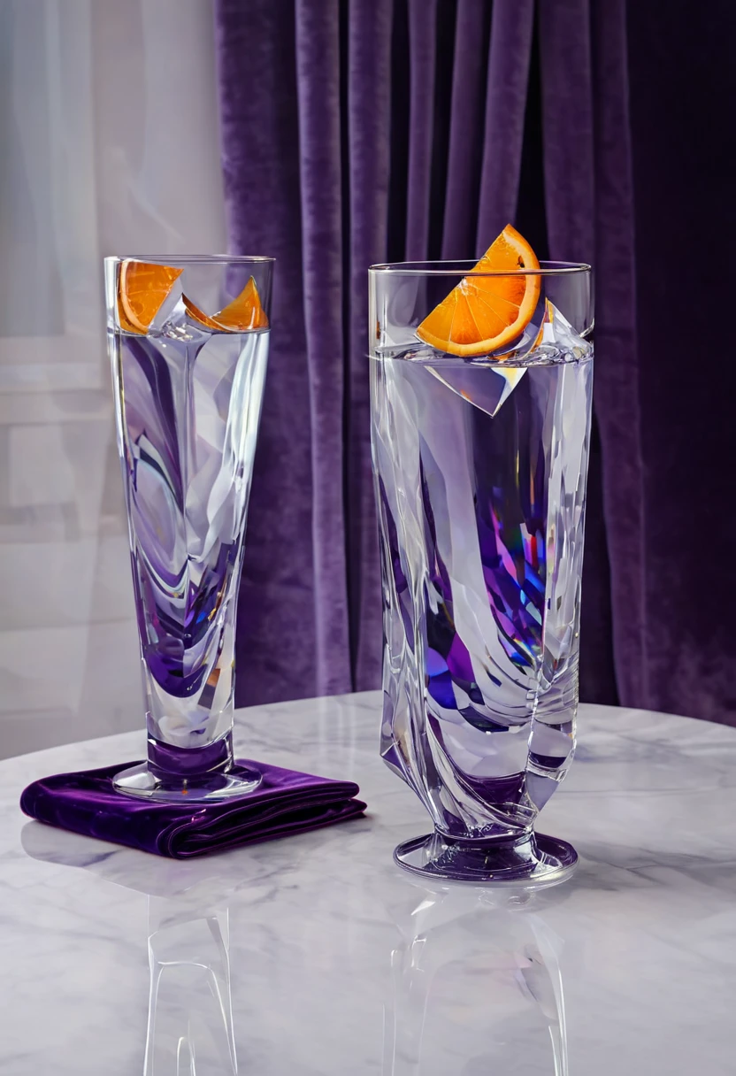 surreal glass shape, liquid glass, chromatic aberration, broken prism, refraction, light caustics, smokey background, detailed illustration , oranges on a white marble table, deep purple velvet drapes, 8k, photography style,2 glasses with orange bioluminescent fluid in them, on a white marble table, bioluminescent, colorfull, glow, at sunset. misty light.