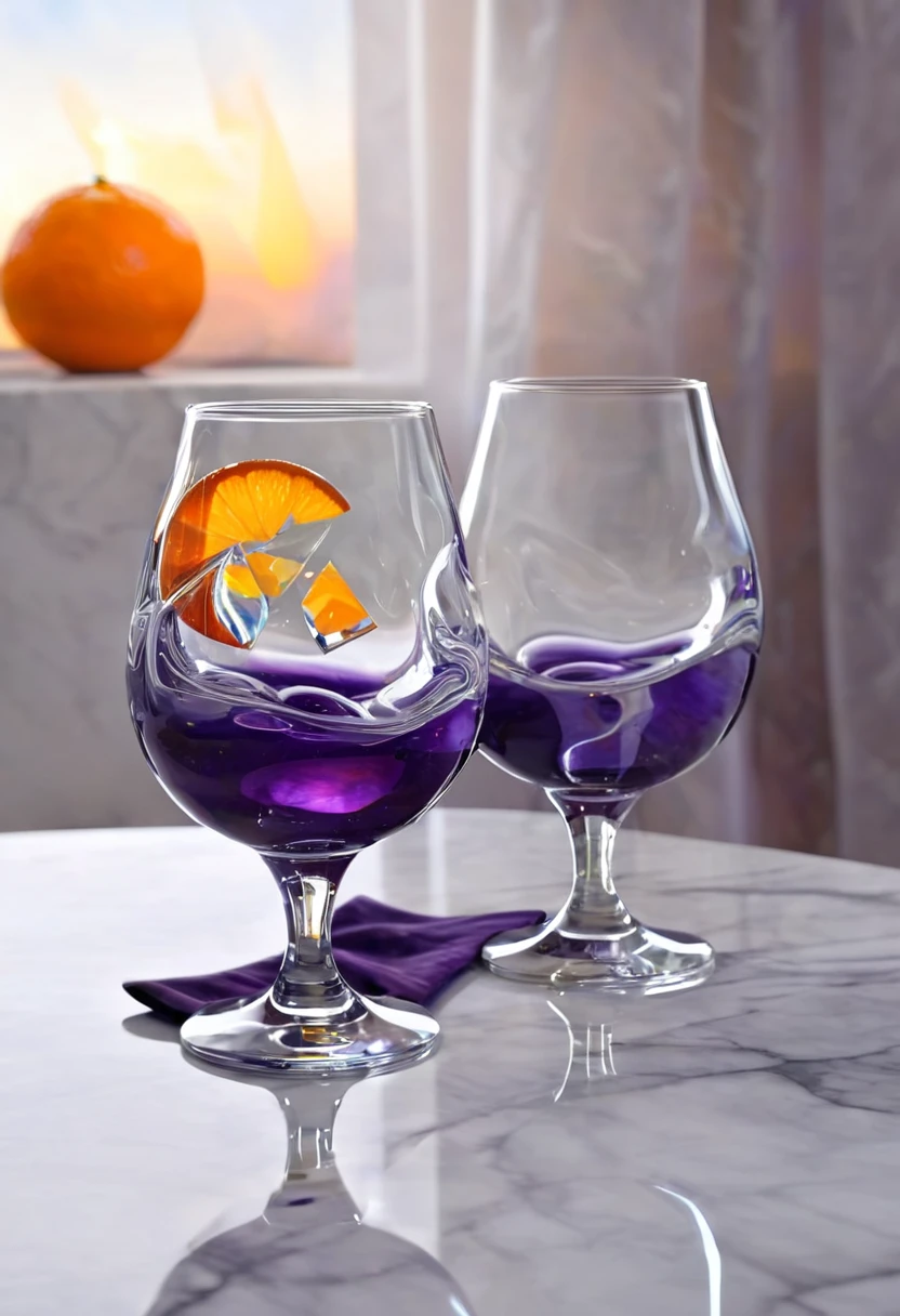 surreal glass shape, liquid glass, chromatic aberration, broken prism, refraction, light caustics, smokey background, detailed illustration , oranges on a white marble table, deep purple velvet drapes, 8k, photography style,2 glasses with orange bioluminescent fluid in them, on a white marble table, bioluminescent, colorfull, glow, at sunset. misty light.