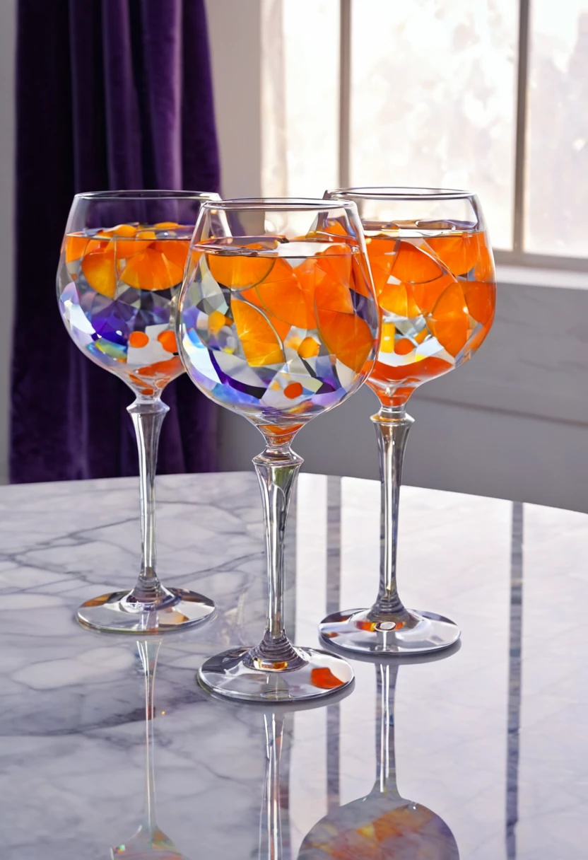 surreal glass shape, liquid glass, chromatic aberration, broken prism, refraction, light caustics, smokey background, detailed illustration , oranges on a white marble table, deep purple velvet drapes, 8k, photography style,2 glasses with orange bioluminescent fluid in them, on a white marble table, bioluminescent, colorfull, glow, at sunset. misty light.