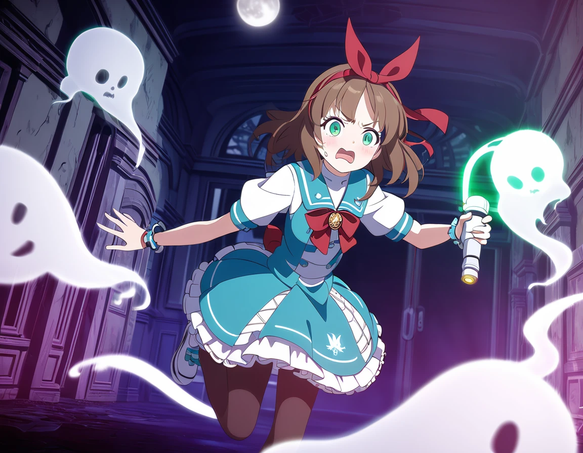 (best quality,4k,highres) A cute  japaneese girl, drawn in anime style, futuristic, Frutiger aero aesthetic, sci-fi, is afraid, jade green eyes, long brown hair, ribbon headband, small breast, white and blue futuristic sailor lolita dressh puffy sleeves, school crest, red ribbon, navy blue pantyhose, High tech sport shoes with glowing parts, holding a flashlight, screaming in horror, in a abandoned haunted mansion, running away from a creepy ghost, at night, moonlight, low brightness, darkness, highly detailed, 4K.